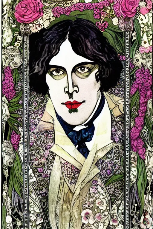 Prompt: realistic portrait of oscar wilde in the center of an ornate curtain frame with skulls and flowers, detailed art by kay nielsen and walter crane, illustration style, watercolor