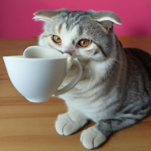 Prompt: a elegant scottish fold cat having a cup of tea