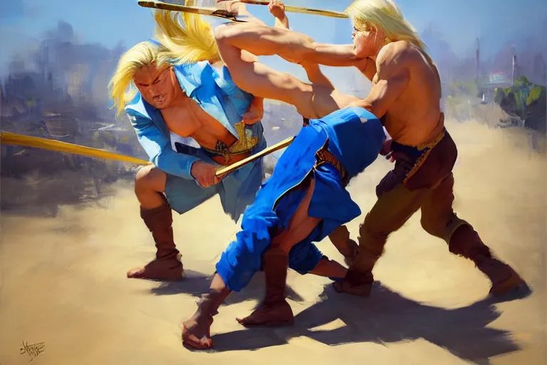 Image similar to greg manchess painting of a sword fight between a filipino wrestler and a blond man in a blue suit, organic painting, sunny day, matte painting, bold shapes, hard edges, street art, trending on artstation, by huang guangjian, gil elvgren, ruan jia, randy vargas, greg rutkowski