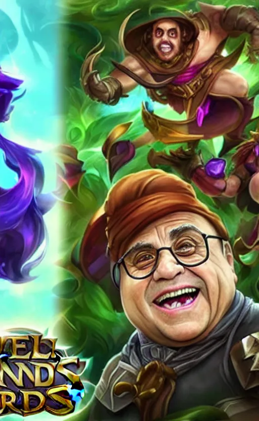 Image similar to Danny DeVito as a character in the game League of Legends, with a background based on the game League of Legends, detailed face, old 3d graphics