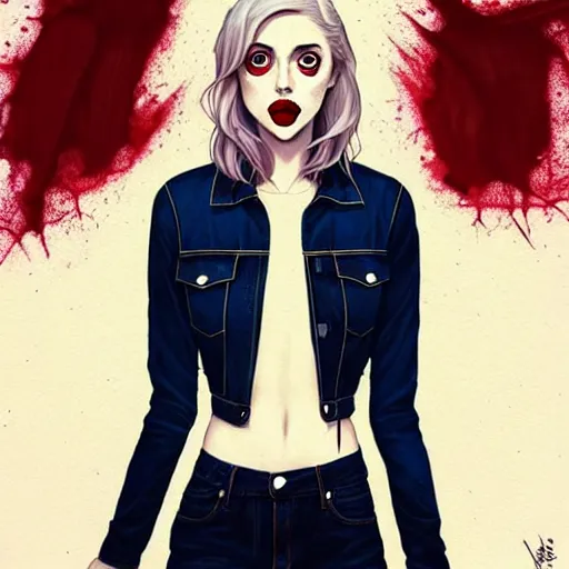 Prompt: loish, artgerm, Joshua Middleton art, pretty Alison Brie serial killer holding bloody knife in right hand, blood on clothes and face, sarcastic smile, symmetrical eyes, symmetrical face, jean jacket, jeans, short blonde hair, middle shot, night time, deep blacks