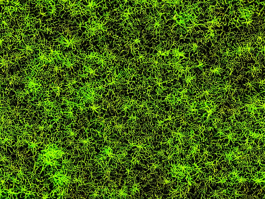 Prompt: a close-up moss as under a microscope, flora world, microworld