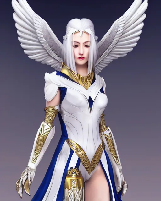 Image similar to perfect white haired egyptian goddess wearing white dove wings, warframe armor, regal, attractive, ornate, sultry, beautiful, dreamy, half asian, pretty face, blue eyes, detailed, scifi platform, 4 k, ultra realistic, epic lighting, android body, illuminated, cinematic, masterpiece, art by akihito tsukushi, voidstar, artgerm