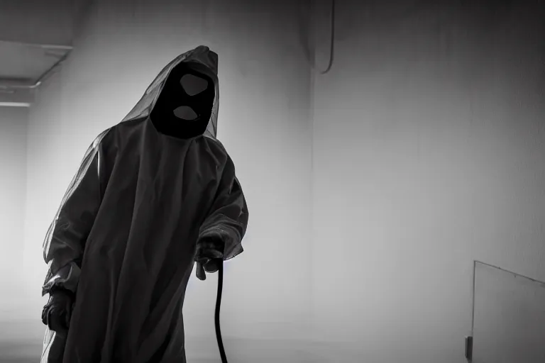 Image similar to a cinematic portrait of a prisoner dressed in a a black and white hazmat suit in a cell, dust storm, lee madgwick and zack snyder, 8 k, hd, high resolution, 8 5 mm, f / 1. 8