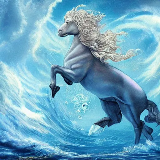 Image similar to a beautiful, celestial, oceanic hippocampus rising from the sea, fantasy art,