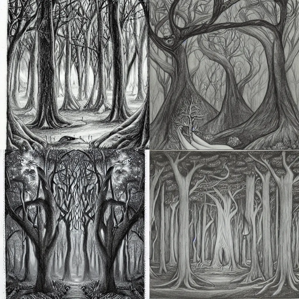 Prompt: intriguing esoteric drawing of fairy tale forest in style artist Gray Foy, dark silver pencil