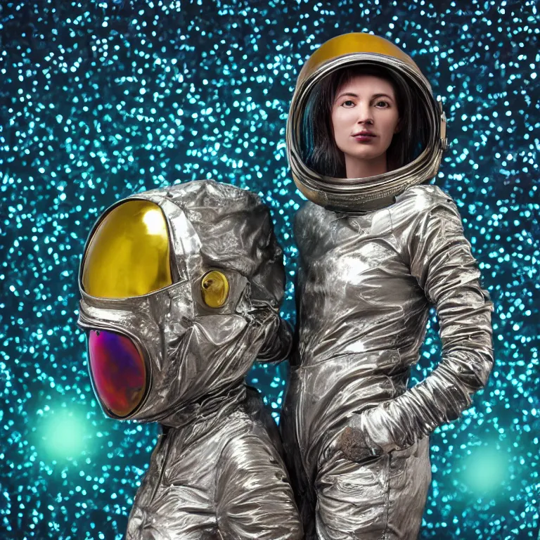 Image similar to octane render portrait by wayne barlow and carlo crivelli and glenn fabry, subject is a woman covered in tie - dye aluminum foil space suit with a colorful metallic space helmet, surrounded by alien plants, cinema 4 d, ray traced lighting, very short depth of field, bokeh