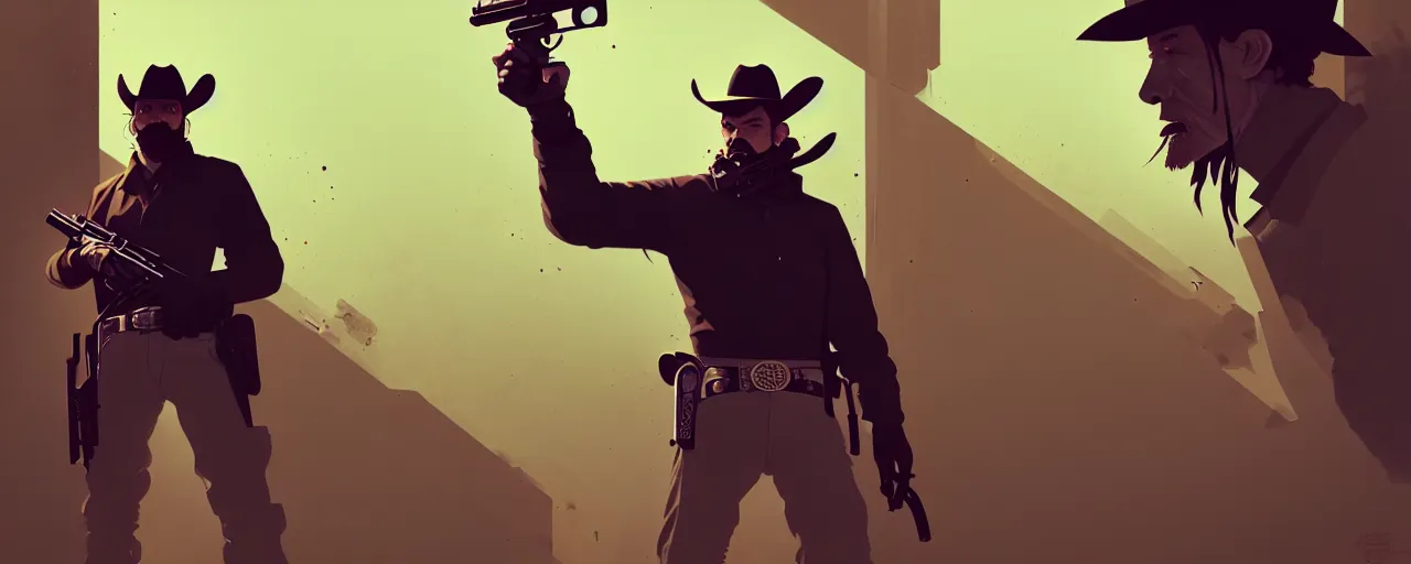 Image similar to duotone concept illustration 3 / 4 portrait of cowboy with gun, cinematic volumentric lighting, accidental wild west, sachin teng, sergey kolesov, ruan jia, heng z, graffiti art, scifi, fantasy, hyper detailed. octane render. concept art. trending on artstation