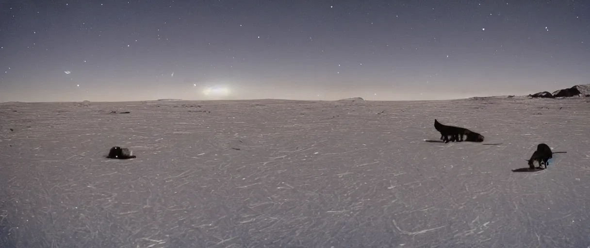 Prompt: filmic extreme wide shot movie still 4 k uhd interior 3 5 mm film color photograph taken at night of a bunch of creatures running around mcmurdo station in antartica