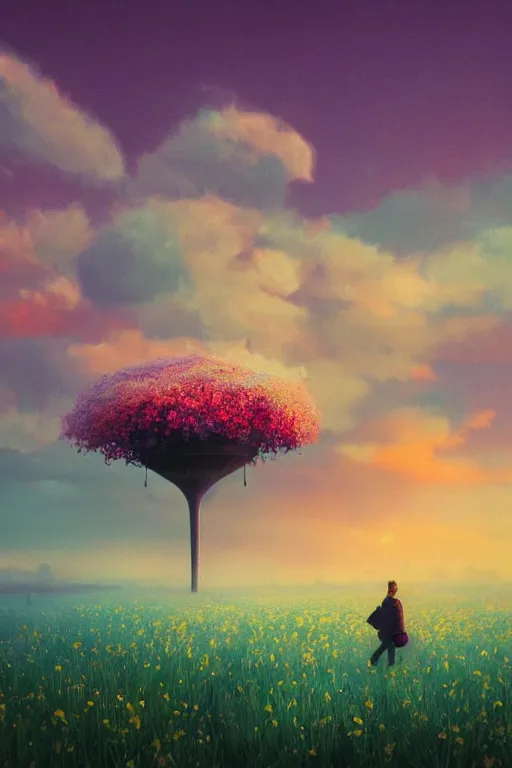 Prompt: giant perfume bottle in flower field, surreal photography, sunrise, dramatic light, impressionist painting, colorful clouds, digital painting, artstation, simon stalenhag