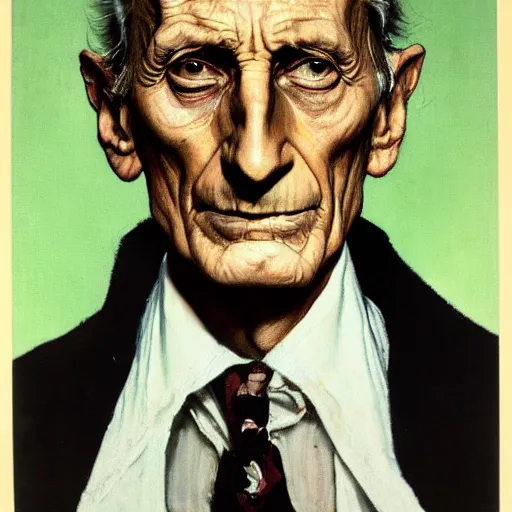 Image similar to Frontal portrait of Peter Cushing. A portrait by Norman Rockwell.