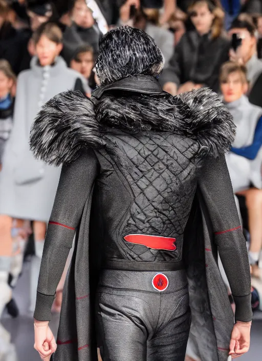 Image similar to hyperrealistic and heavy detailed moncler runway show of superman, leica sl 2 5 0 mm, vivid color, high quality, high textured, real life