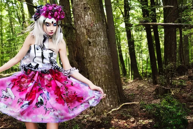 Image similar to chibi anime fashion model wearing valentino 2 0 1 4 floral skirt and jeweled headpiece outdoors in the woods, flowers