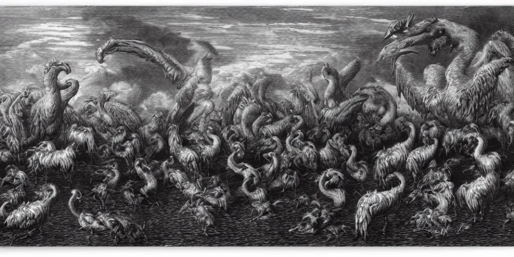 Image similar to cerberus with angry geese as its heads, guarding the gates of hell, art by gustave dore