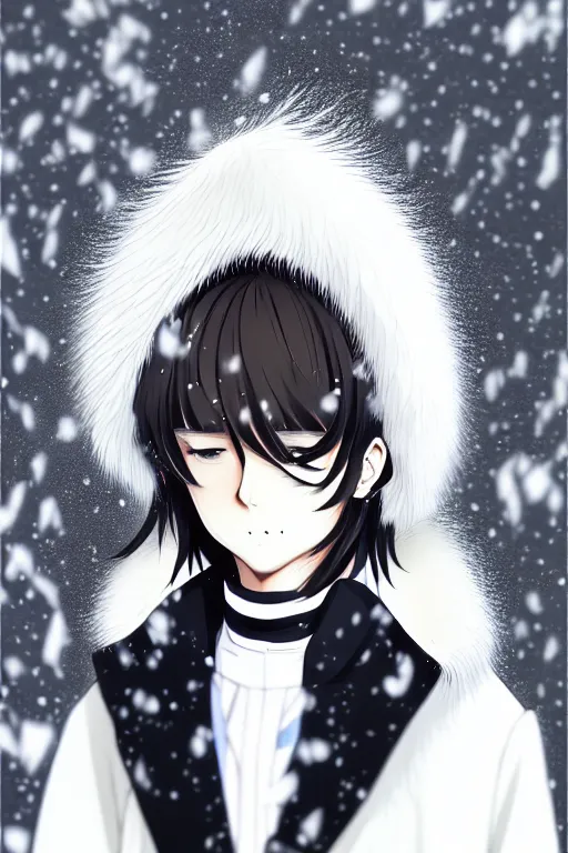 Prompt: anime portrait of a handsome man, dark long hair, side - swept bangs, wearing white fur coat in snow, ilya kuvshinov, anime, pixiv top monthly, trending on artstation, cinematic, danbooru, zerochan art, kyoto animation