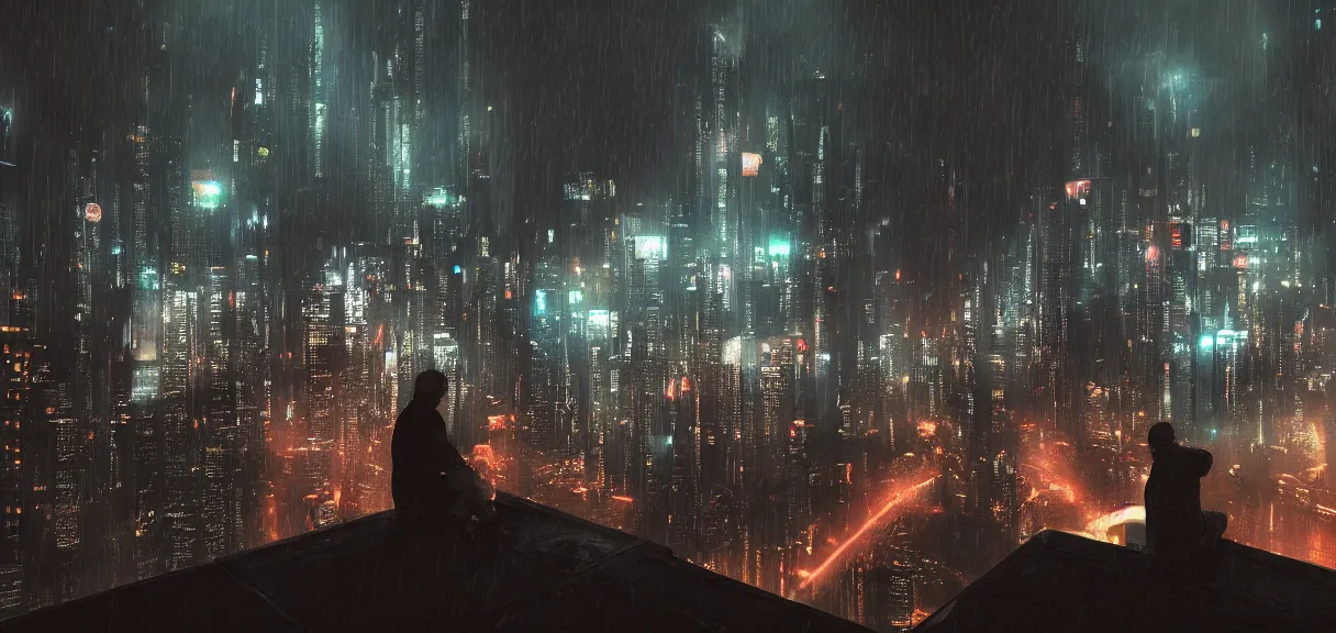 Image similar to shot of the roof with single man sitting on the edge during rain, below impressive cyberpunk night city during great rainy storm with lightning, nightscape, futuristic architecture, realistic photo, neons, blade runner, akira style, cinematic lighting, cinematic angles