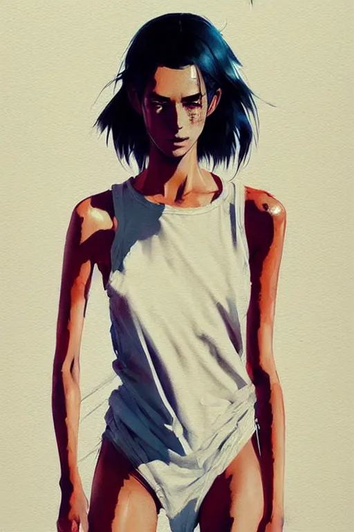 Image similar to a ultradetailed beautiful painting of a stylish woman with a white tank top, by conrad roset, greg rutkowski and makoto shinkai trending on artstation