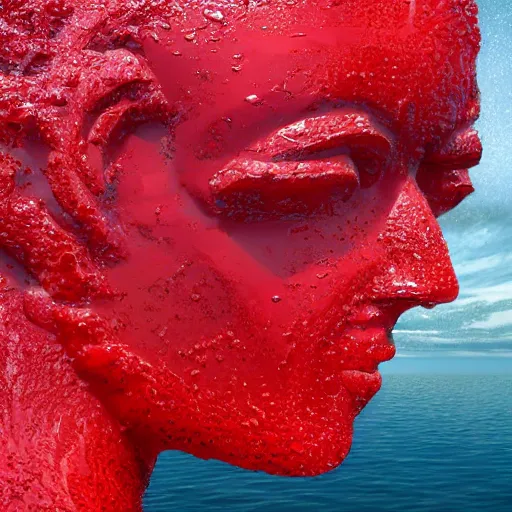 Image similar to a giant human head sculpture in the sea made out of red jelly, in the style of chad knight, long shot, hyper detailed, hyper realistic, ray tracing, 8 k resolution, sharp focus, realistic water, award winning