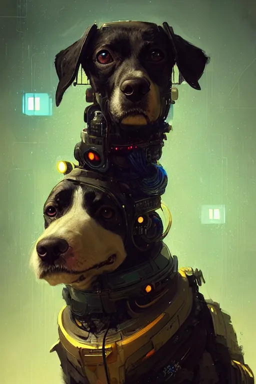 Image similar to a beautiful portrait of a cute cyberpunk dog with blue tinted starfield in the background by greg rutkowski and wlop, digital art, highly detailed, fine detail, intricate, ornate, complex