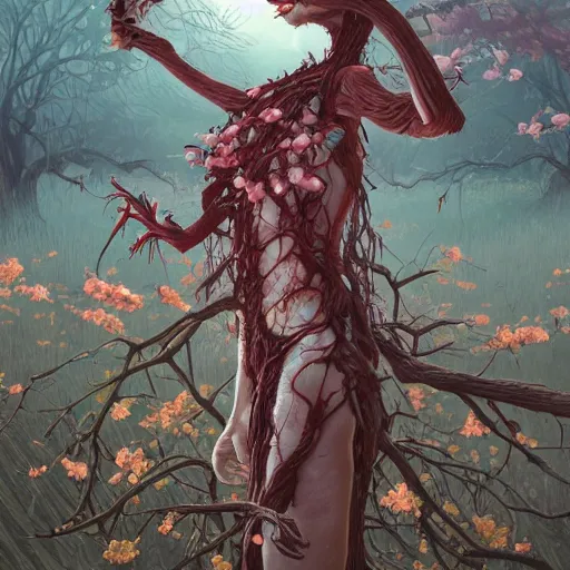 Image similar to a nature portrait of a p - zombie!!! lots of leaves and roots and cherry blossoms. natural lighting art dawn. highly detailed. colourful. moody. artstation, 4 k, horror, by gerald brom and ansel adams and studio ghibli, horror!!!, sakura flowers, lovely