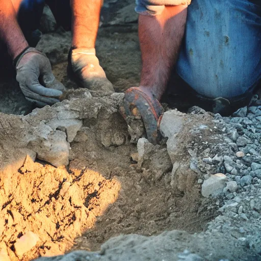 Prompt: happy archaeologists find large amounts of gold during excavation, Kodak porta 400 film stock, 50mm f1.4, sunset