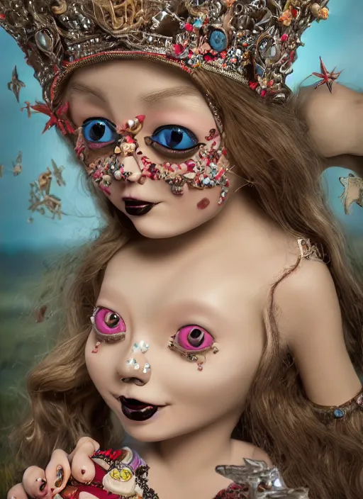 Image similar to closeup face profile portrait of a tin toy fairytale goth princess wearing a crown eating cakes, bikini, depth of field, zeiss lens, detailed, symmetrical, centered, fashion photoshoot, by nicoletta ceccoli, mark ryden, lostfish, breathtaking, 8 k resolution, extremely detailed, beautiful, establishing shot, artistic, hyperrealistic, octane render