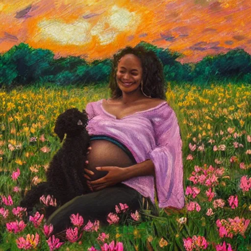 Image similar to pregnant east african woman with curly hair in a vast field of flowers with a tiny black puppy, laying down, looking into the distance, golden hour, vintage, impressionist painting, fine art, oil painting, dreamy, pastel, laughing, happy, intricate details, sharp, peaceful, serene