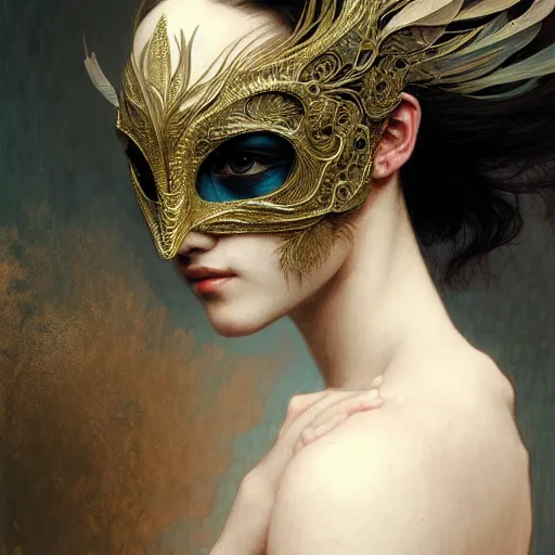 Image similar to Girl wearing an intricate mask made of delicate feathers, face, detailed, elegant, highly detailed, digital painting, artstation, concept art, smooth, sharp focus, illustration, art by Krenz Cushart and Artem Demura and alphonse mucha