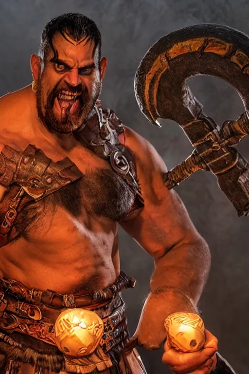 Prompt: Travis Willingham as Grog Strongjaw from Vox Machina, Dungeons and Dragons Goliath Barbarian, realistic cinematic shot, subtle fog and mood lighting