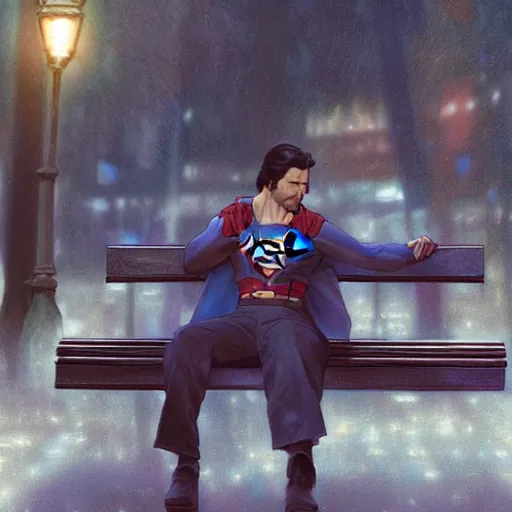 Prompt: a highly detailed matte painting of superman comforting a depressed keanu reeves on a park bench, art by artgerm and greg rutkowski and alphonse mucha, volumetric lighting, octane render, 4 k resolution, trending on artstation, masterpiece