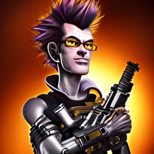 Prompt: hyperrealistic portrait of gothic cyberpunk jimmy neutron holding a golden machine gun, 4 k, highly detailed, beautifully rendered