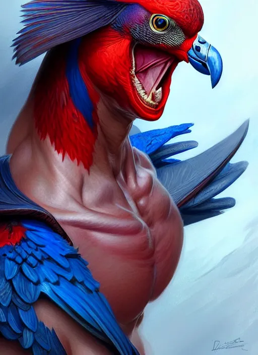 Image similar to portrait of aggressive pigeon humanoid, d & d, muscular! blue and red, fantasy, intricate, elegant, highly detailed, digital painting, artstation, concept art, smooth, sharp focus, illustration, art by artgerm and greg rutkowski and alphonse mucha