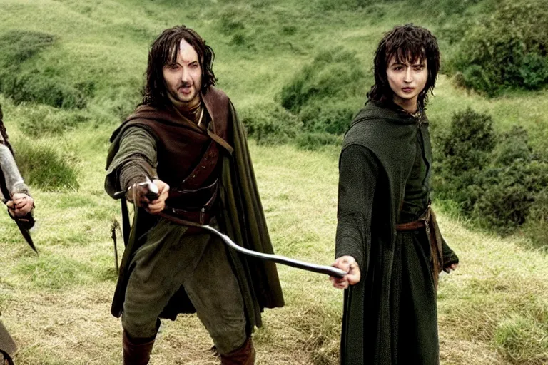 Image similar to Film still of Alan Rickman as Aragorn and Daniel Radcliffe as Frodo in the movie Lord of the Rings