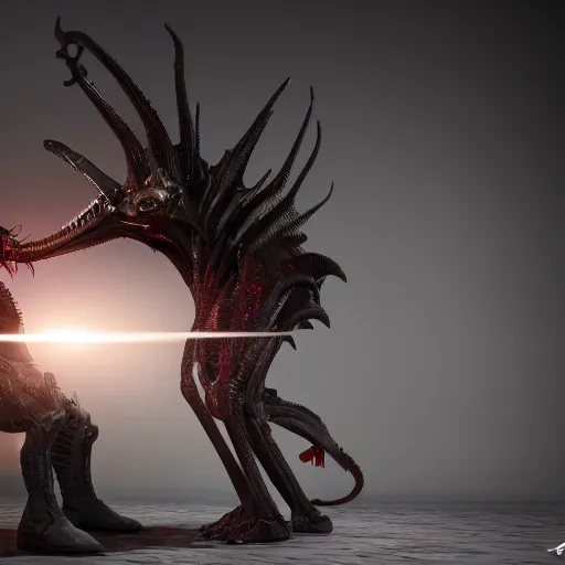 Prompt: Sauron romancing a xenomorph, photorealistic, 3d render, award winning render, unreal engine, octane render, studio lighting, 8k, hd