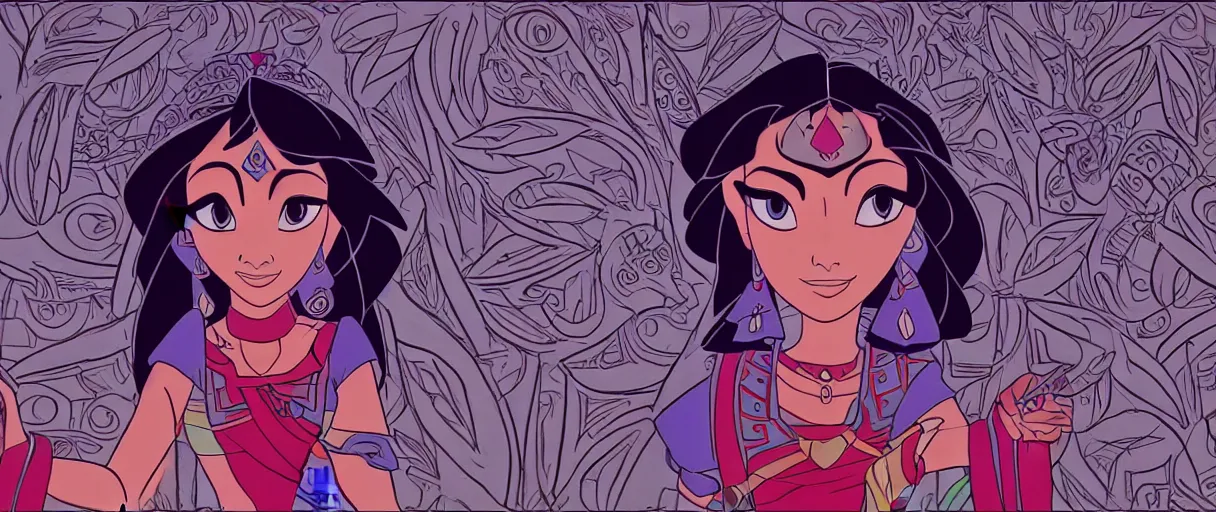 Prompt: Aztec Disney princess by Glen Keane, Disney 2D Traditional Animation, Semi Realistic Anime, symmetrical face, beautiful eyes, Disney Renaissance film, Cel Shaded, Studio Ghibli, cinematic, widescreen, 4K