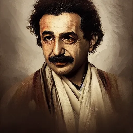 Image similar to a portrait of a Kurdish Albert Einstein in Kurdish clothes by Greg Rutkowski, digital art, horror, chiaroscuro, trending on artstation, anime arts, featured on Pixiv, HD, 8K, highly detailed, good lighting, beautiful, epic, masterpiece