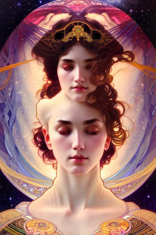 Image similar to empress of eternity, space, universe, portrait, highly detailed, deep focus, elegant, digital painting, smooth, sharp focus, illustration, ultra realistic, 8 k, art by artgerm and alphonse mucha