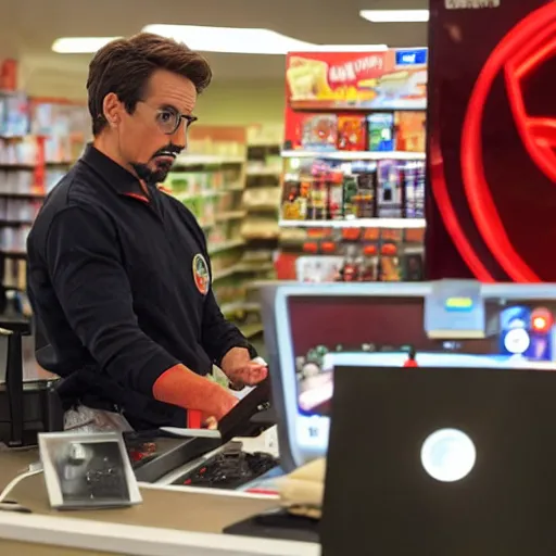 Prompt: Iron Man working as a 7/11 cashier using a red laser scanner, cash register, red laser scanner, wide wide shot, very detailed, beautiful lighting, smoke