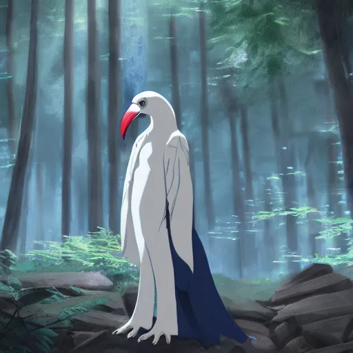 Image similar to concept art painting of an anthropomorphic humanoid white raven wearing dark blue robes, in the deep forest, realistic, detailed, cel shaded, in the style of makoto shinkai and greg rutkowski and james gurney