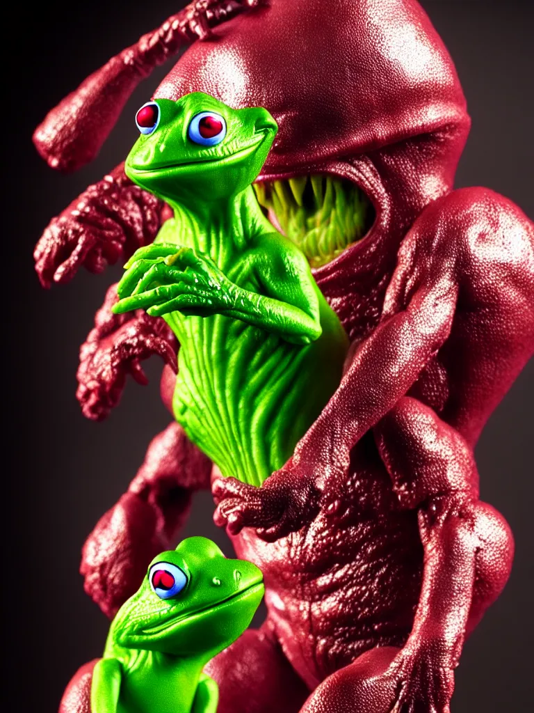 Image similar to hyperrealistic rendering, shiny wet kermit by art of skinner and richard corben and jeff easley, product photography, action figure, sofubi, studio lighting, colored gels, rimlight, backlight