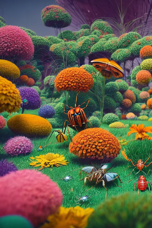 Prompt: super detailed color art, a lot of small garden flowers, A multiverse of insects and spiders, unreal engine, wes anderson color palette, 3d render, colorful, digital art