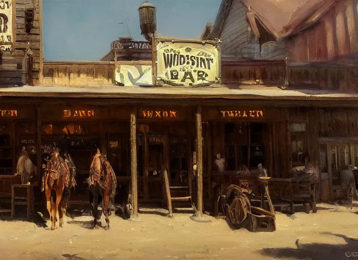 Image similar to oil painting of western saloon bar, wild west, dimly light, dust, art by anders zorn, wonderful masterpiece by greg rutkowski, beautiful cinematic light, american romanticism by greg manchess, creation by tyler edlin