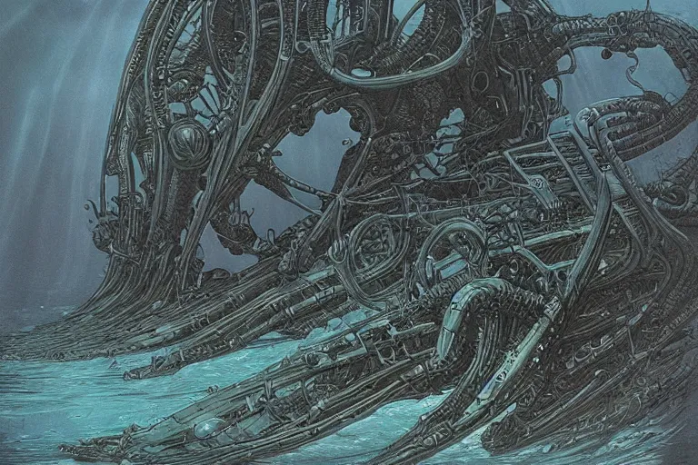 Image similar to dark underwater alien ocean, moebius, giger