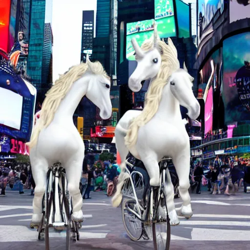 Prompt: two whitw unicorns riding bikes in time square, photoreal