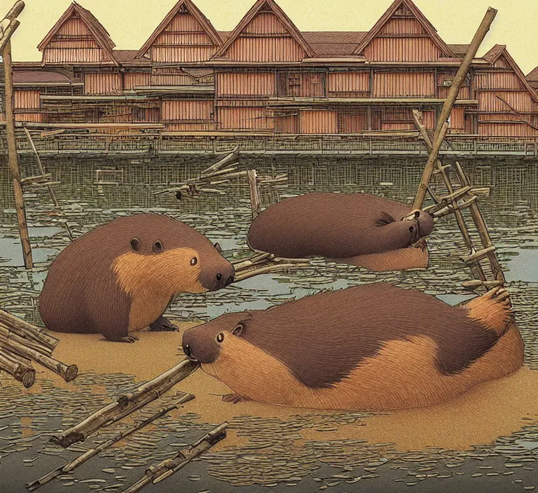 Prompt: photography hyperrealism concept art of anthropomorphic beavers builders that building city with sticks by hasui kawase