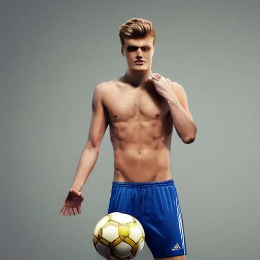 Image similar to a realistic detailed photo of a guy who is an attractive humanoid who is half robot and half humanoid, who is a male android, soccer players martin ødegaard & timo werner, shiny skin, posing like a statue, blank stare, in a factory, on display, showing off his muscles, gold soccer shorts, side view, looking at each other mindlessly