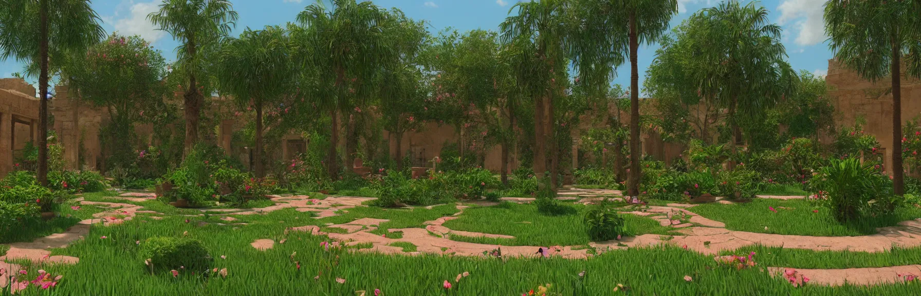 Image similar to A beautiful garden in the ancient city of Babylon; very detailed, by Paul Gauguin, Moebius; artstation, unreal engine 5