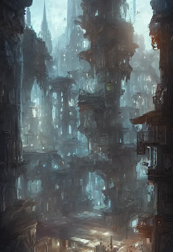 Image similar to an environmental concept art of arcane, interior, character standing with back to camera looking out window looking out at a beautiful city, highly detailed, environmental light, cinematic by francis tneh
