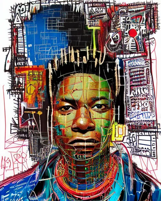 Prompt: a cyberpunk portrait of a king of hte world by jean - michel basquiat, by hayao miyazaki by artgerm, highly detailed, sacred geometry, mathematics, snake, geometry, cyberpunk, crown, vibrant, water