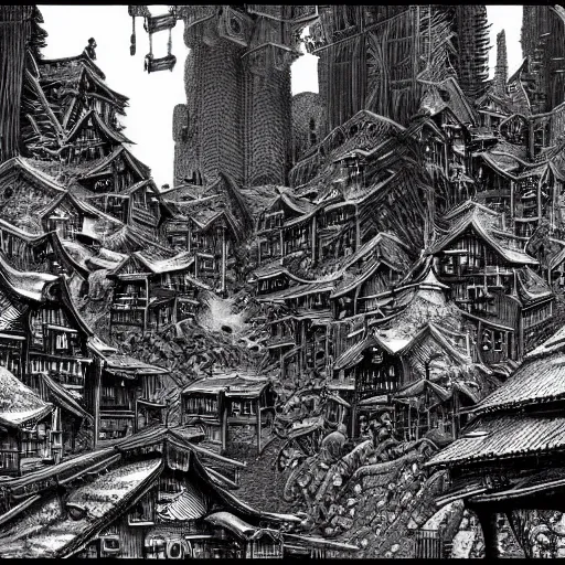 Image similar to Cyberpunk futuristic mountain village by Kentaro Miura, highly detailed, black and white